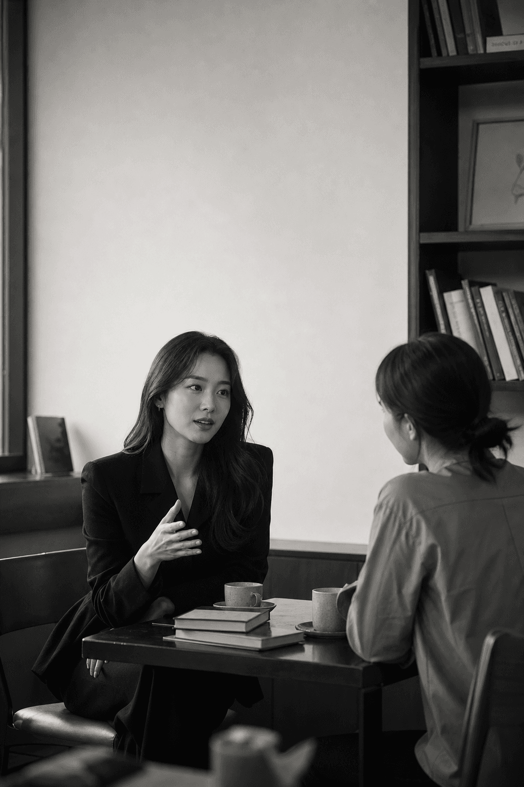 대화를 나누는 성인 한국 여성 크리에이터와 게스트