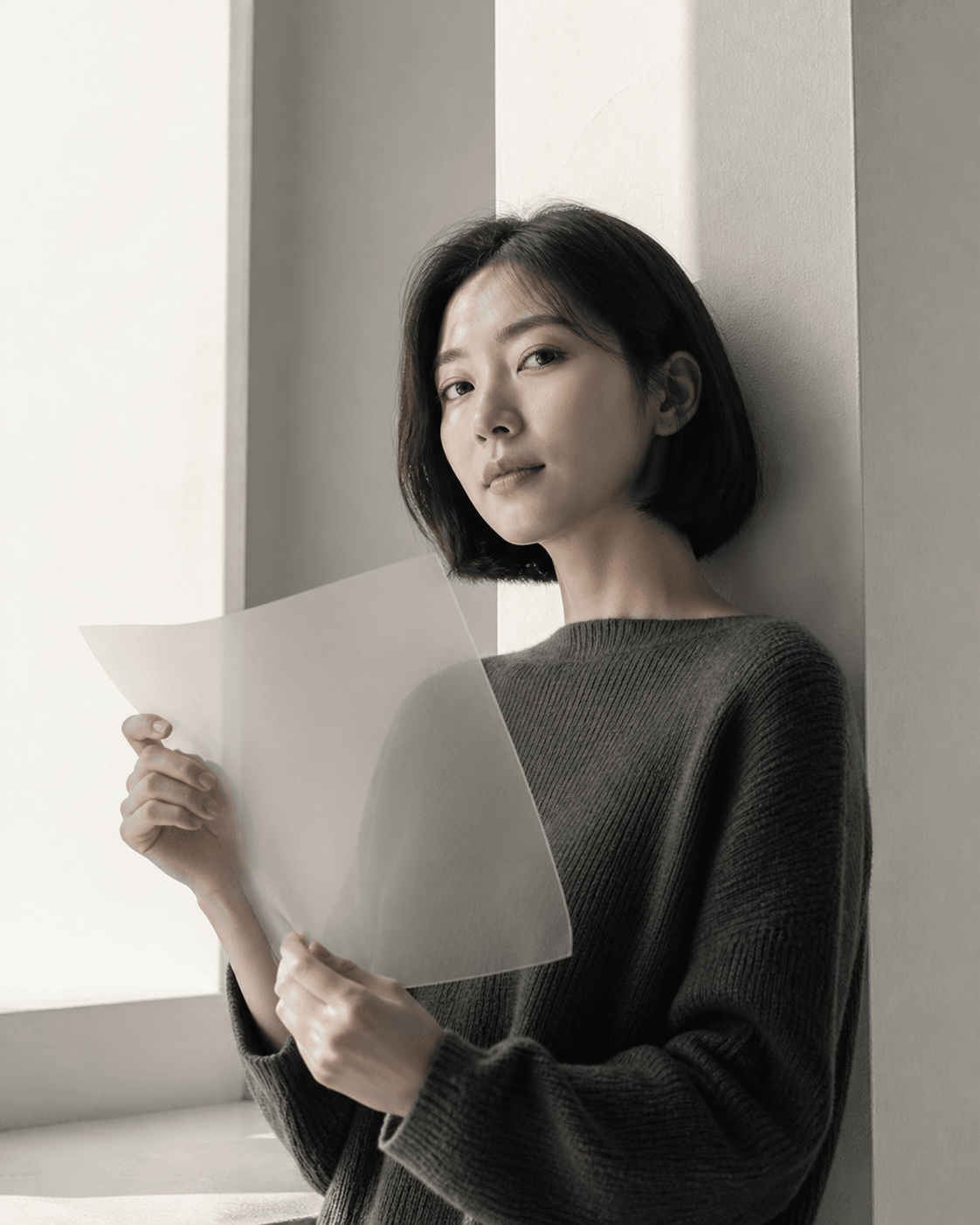 창가에서 빈 자료를 살피는 성인 한국 여성의 차분한 인물 사진